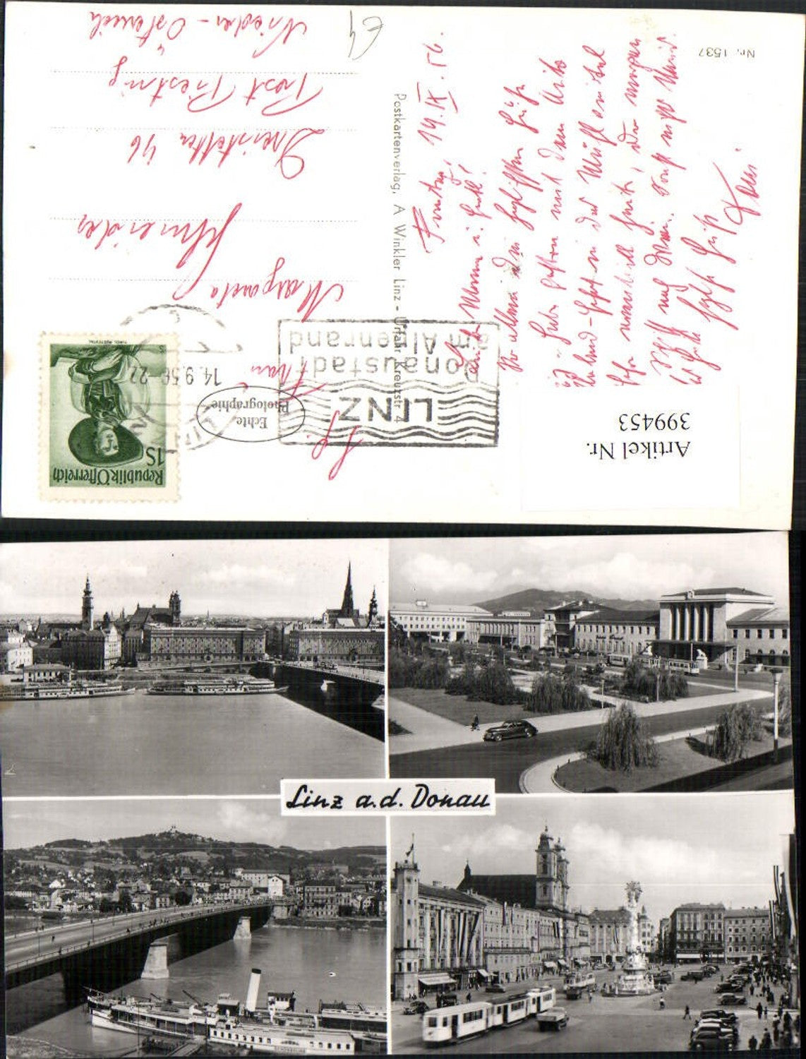 399453,Linz an d. Donau Teilansichten Brücke Dampfer Straßenbahn Bahnhof Mehrbildkarte