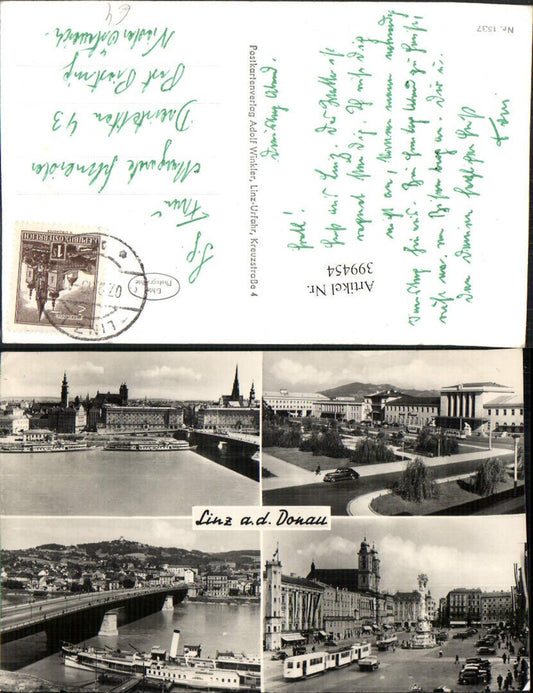 399454,Linz an d. Donau Teilansichten Brücke Dampfer Straßenbahn Bahnhof Mehrbildkarte