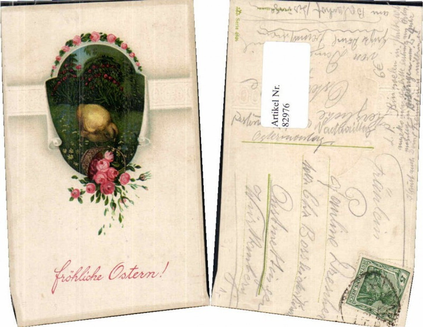 82976,Tolle Präge AK Ostern Küken Rosen Jugendstil