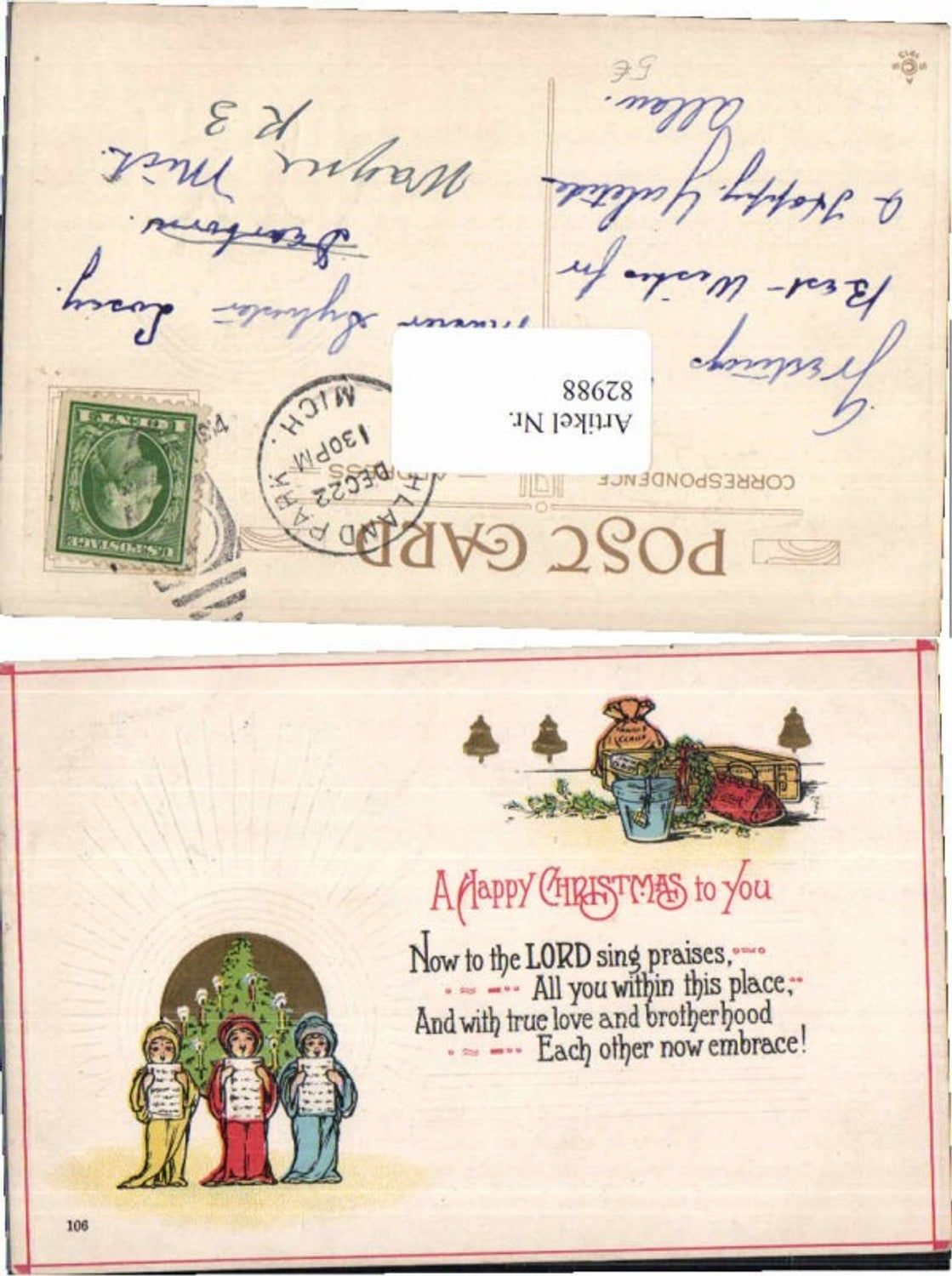 82988, embossed postcard Christmas choir singer tree