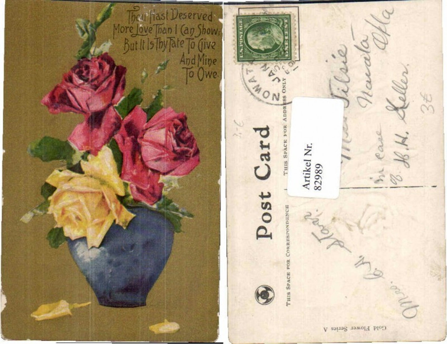 82989, Great embossed postcard of roses, vase, and flowers