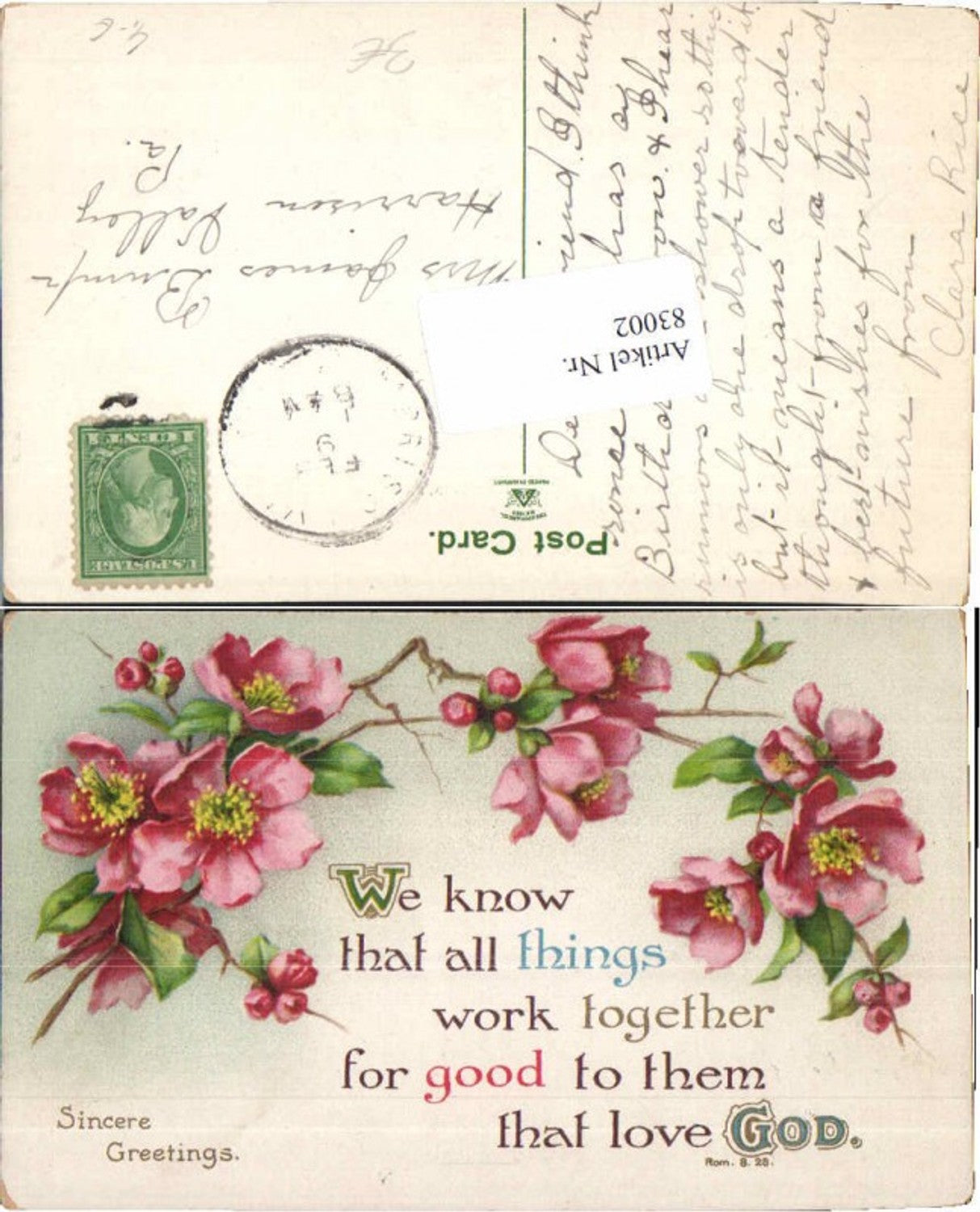 83002, Lithograph Flowers Greetings God Saying Religion