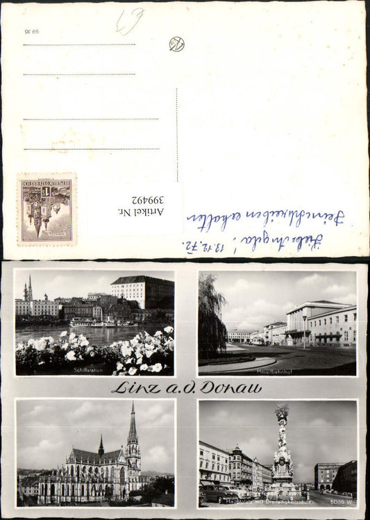 399492,Linz an d. Donau Dom Kirche Dreifaltigkeitssäule Bahnhof Dampfer Mehrbildkarte