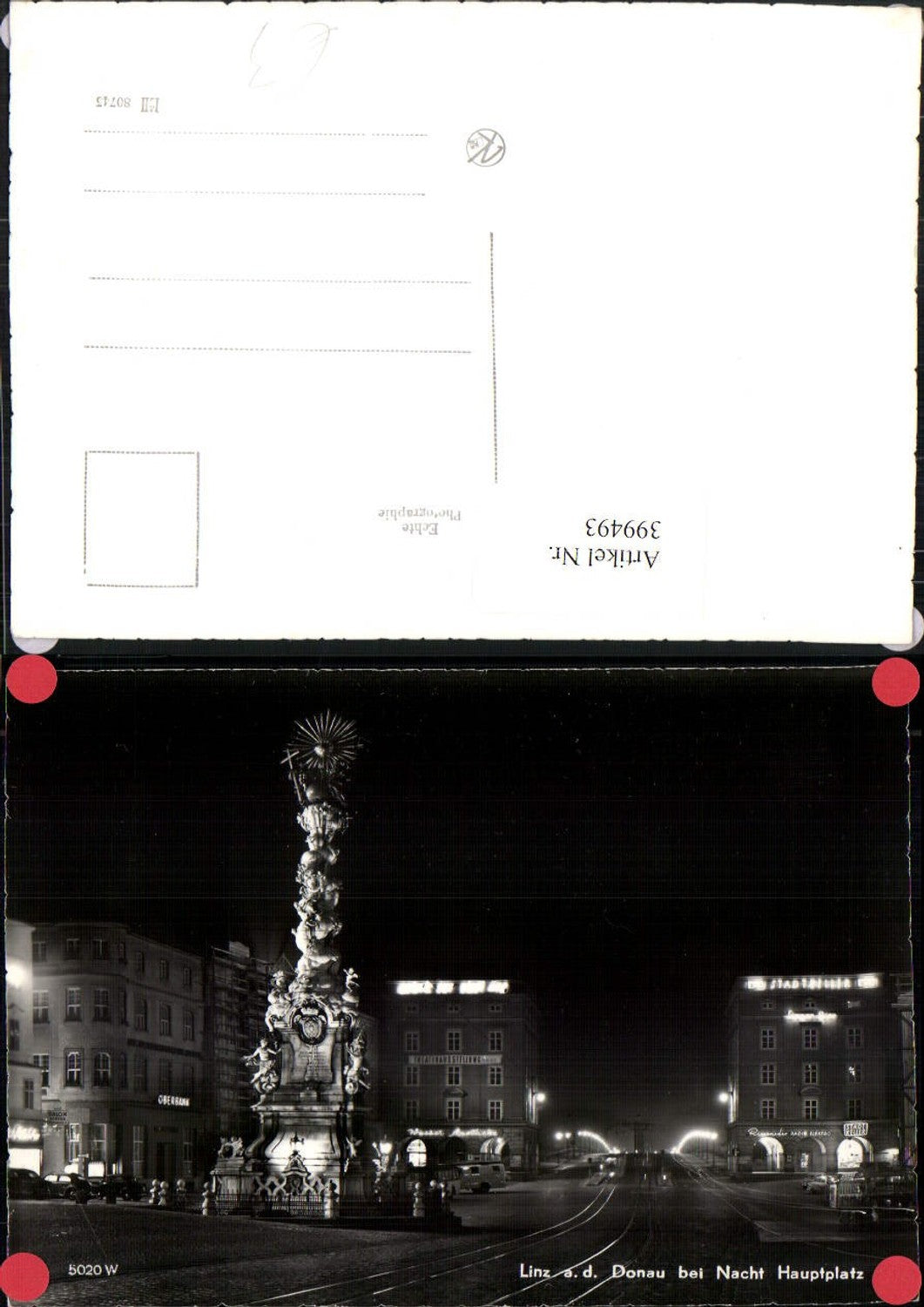 399493,Linz an d. Donau b. Nacht Hauptplatz Dreifaltigkeitssäule Pestsäule