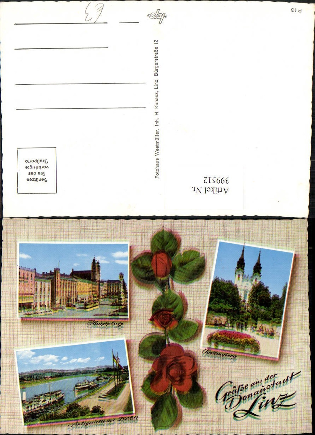 399512,Linz an d. Donau Hauptplatz Anlegestelle Pöstlingberg Kirche Mehrbildkarte