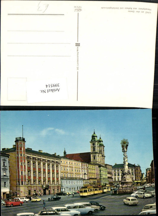 399514,Linz an d. Donau Hauptplatz Dreifaltigkeitssäule Pestsäule Kirche Straßenbahn