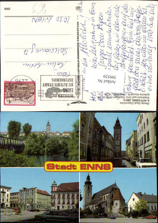 399529,Enns Teilansicht Kirche Stadtturm Mehrbildkarte pub Alpine Luftbild 2508