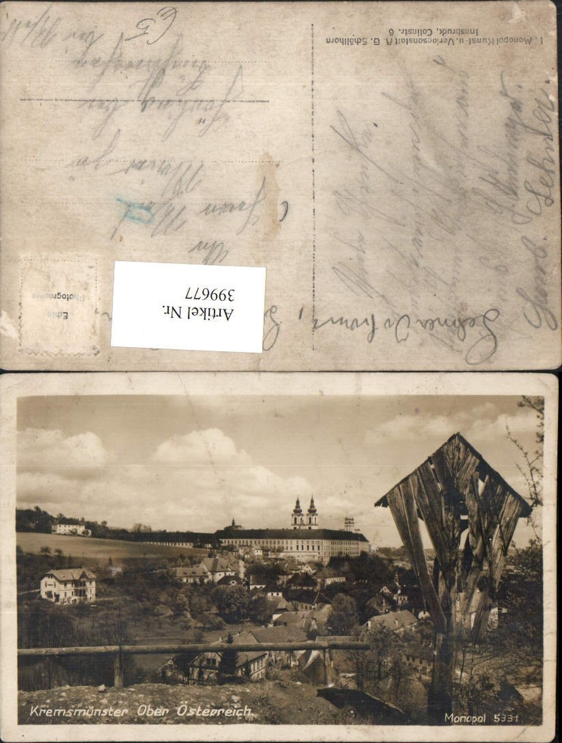 399677,Kremsmünster Totale m. Stift Wegkreuz