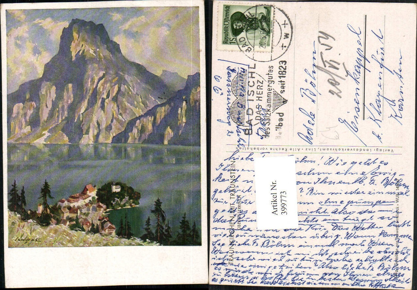 399773,Künstler AK Schwetz Traunkirchen Totale m. Traunstein Bergkulisse