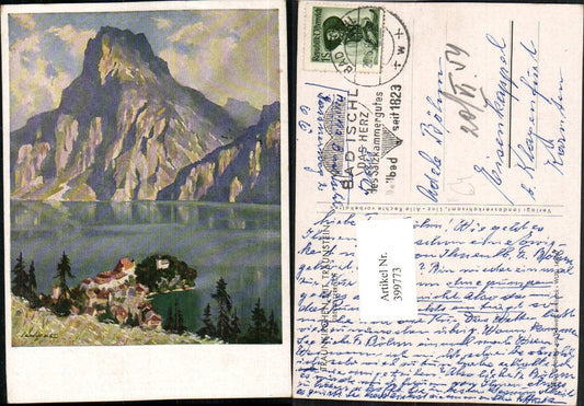 399773,Künstler AK Schwetz Traunkirchen Totale m. Traunstein Bergkulisse