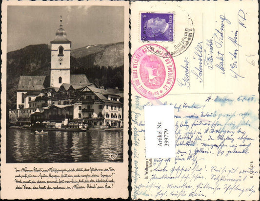 399779,St. Wolfgang Teilansicht Kirche u. Weisses Rössl m. Schafberg Text