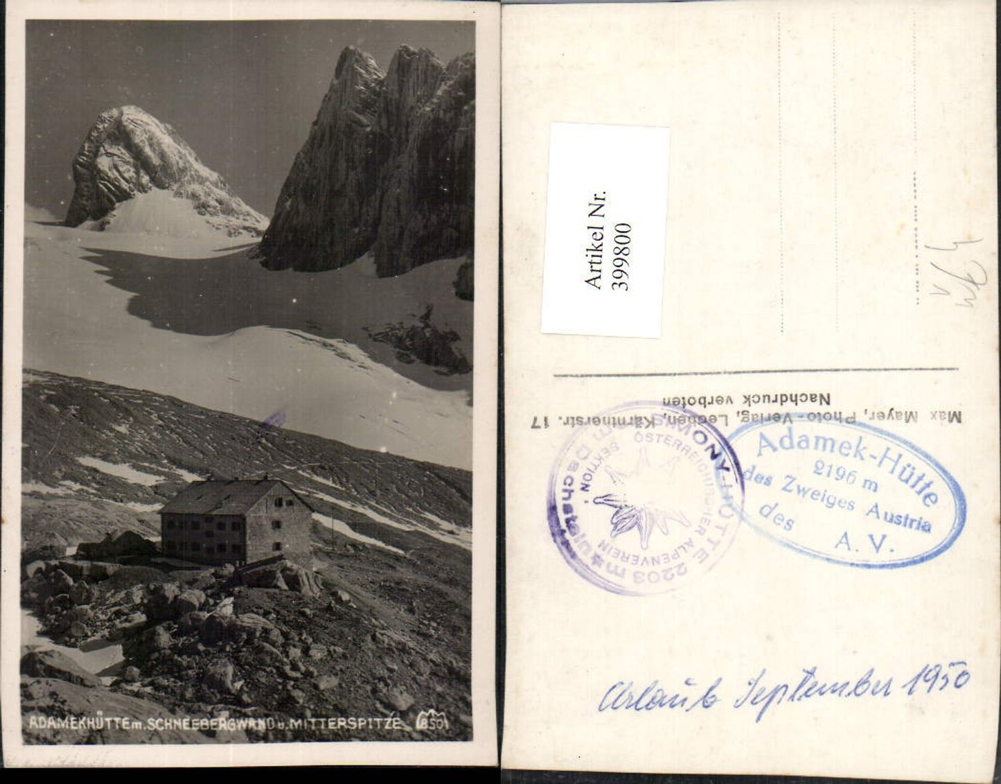 399800,Adamekhütte Berghütte b. Gosau m. Schneebergwand u. Mitterspitze pub Max Mayer 850