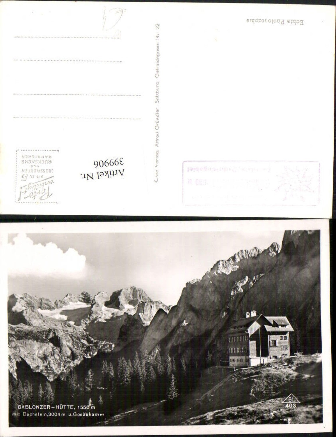 399906,Gablonzer-Hütte Berghütte b. Gosau m. Dachstein Bergkulisse