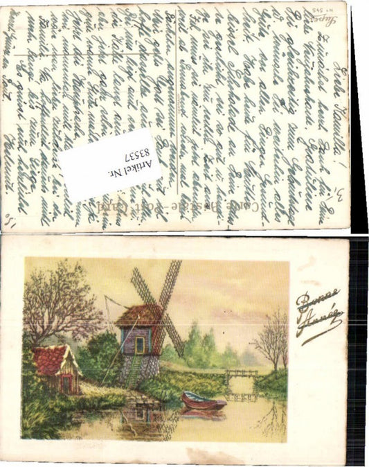 83537,Künstlerkarte Windmühle Boot Ufer Mühle