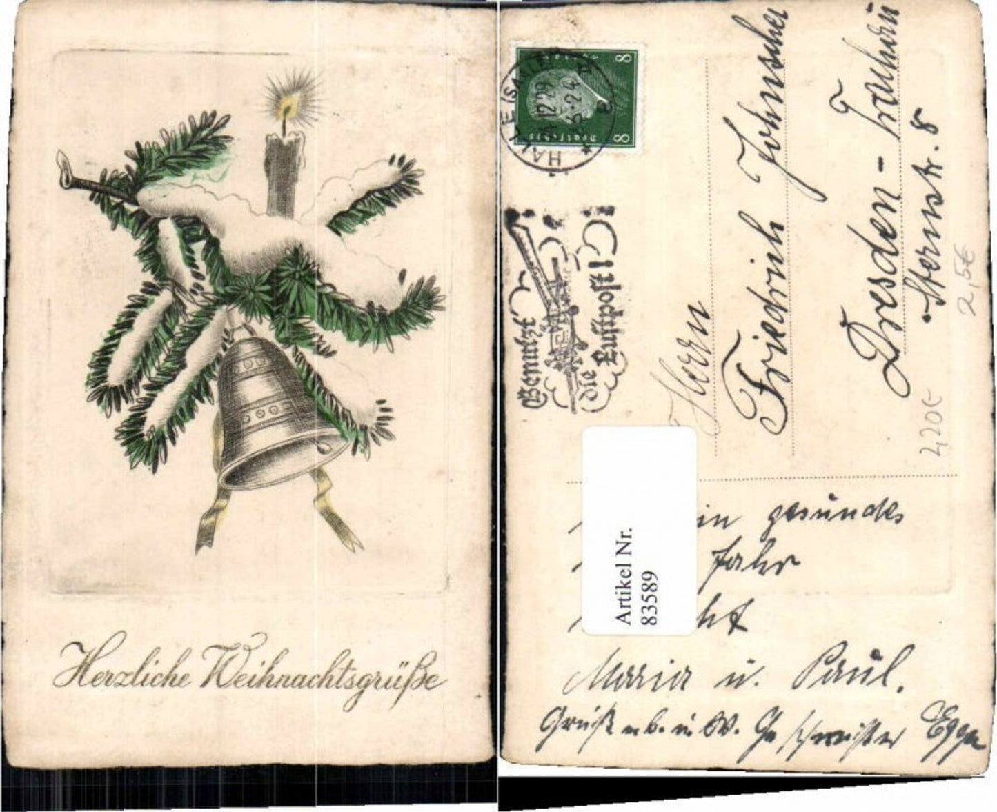 83589, Christmas Bell Candle Fir Branch