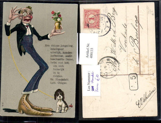 400133,Präge Ak Monokel Riese Mann Hund Surrealismus Blumen Scherz Humor