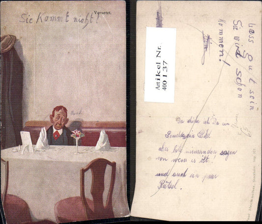 400137,Künstler Ak Versetzt Mann alleine a. Tisch Scherz Humor