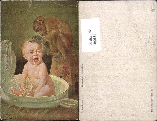 400139,A. von Riesen Unerbetener Liebesdienst Kleinkind Affe Kopfläuse Scherz Humor pub Paul Heckscher 305