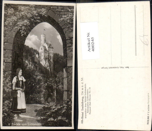 400245,Fotomontage s Bärbele v. Lichtenstein Schloss Frau Mädchen Tracht