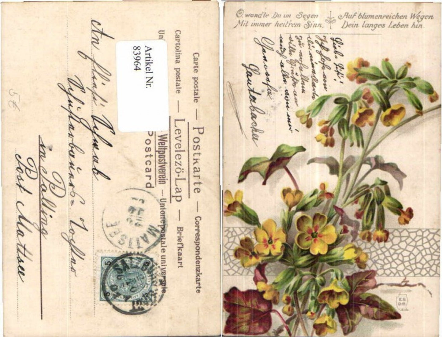 83964,Tolle Litho Blume Spruch 1901