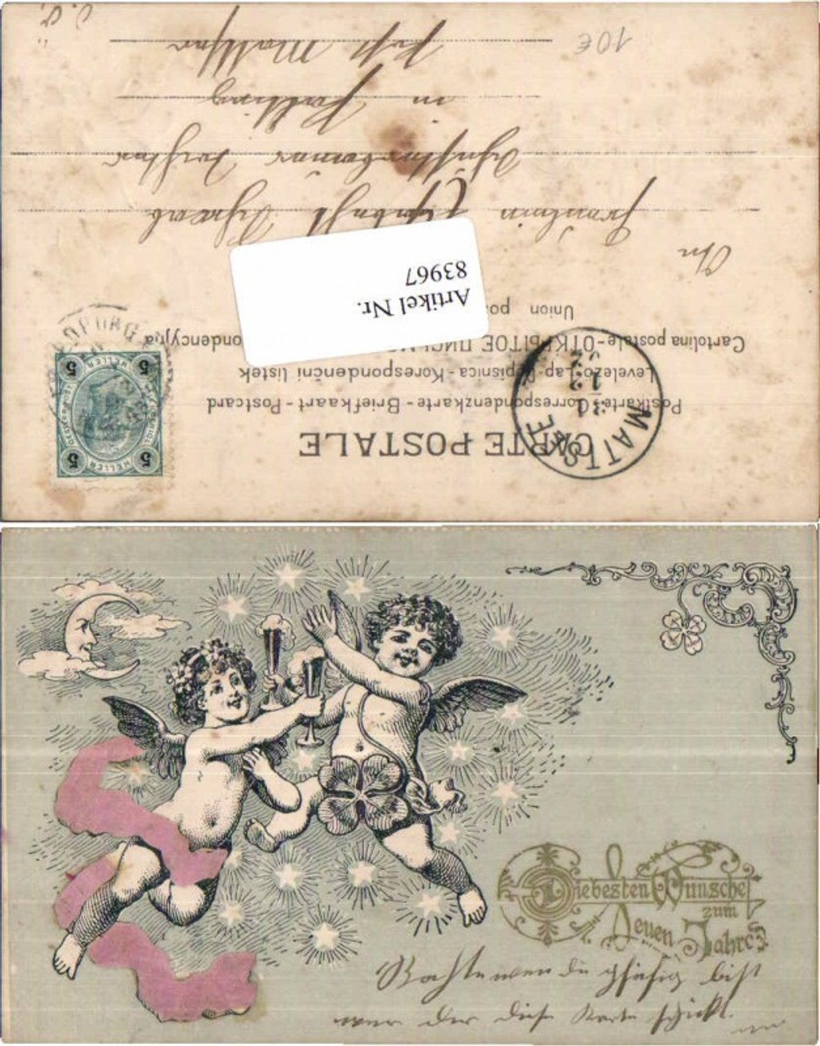 83967,Tolle Präge Jugendstil Engel Mond Klee Sekt Sterne Sichel