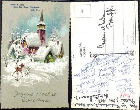 400497,Künstler Ak Kirche Gloire a Dieu dans les lieux Tres-Hauts Winteransicht Reh Wild