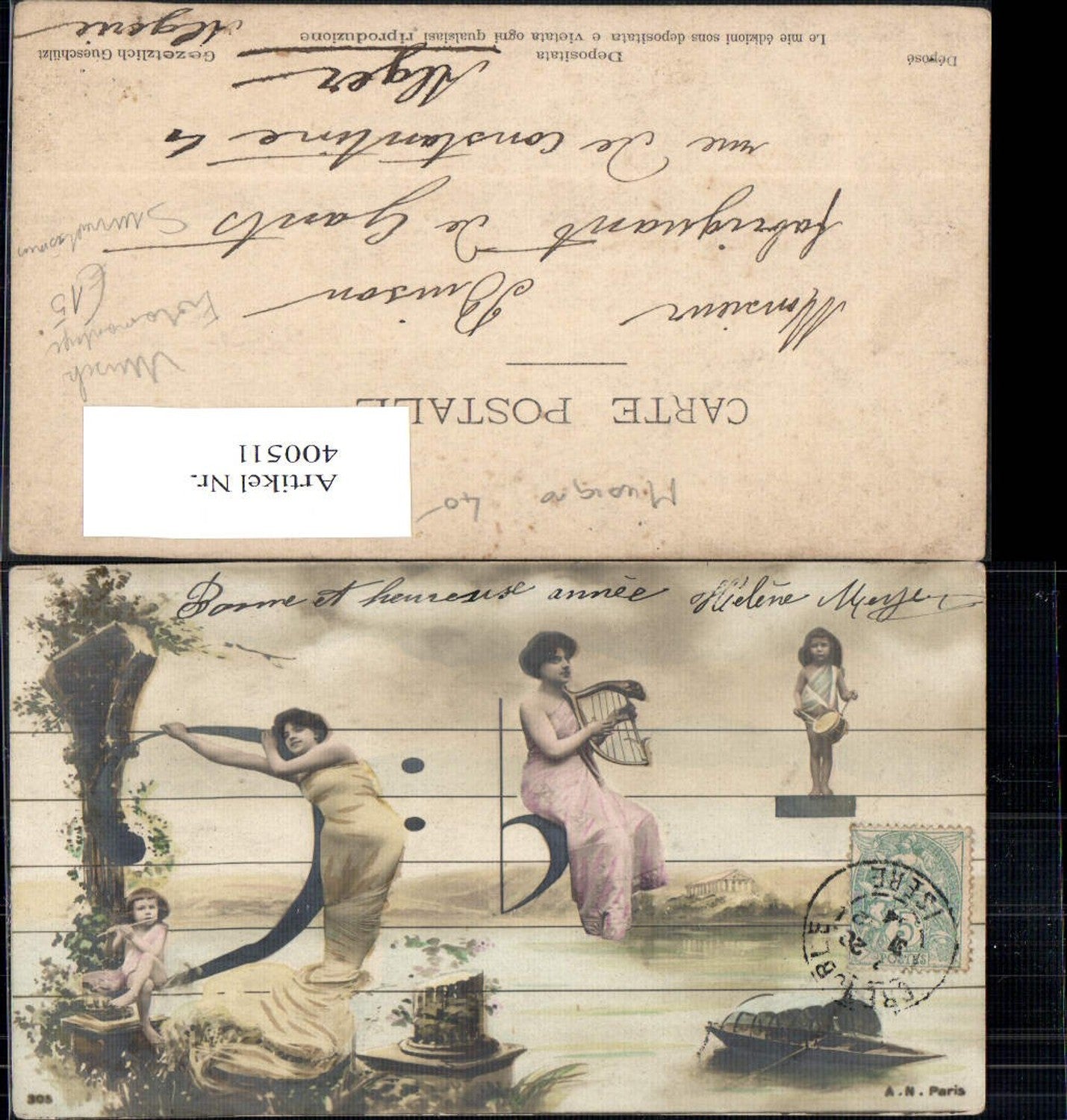 400511,Fotomontage Surrealismus Frauen Instrumente Notenzeile Boot Musik