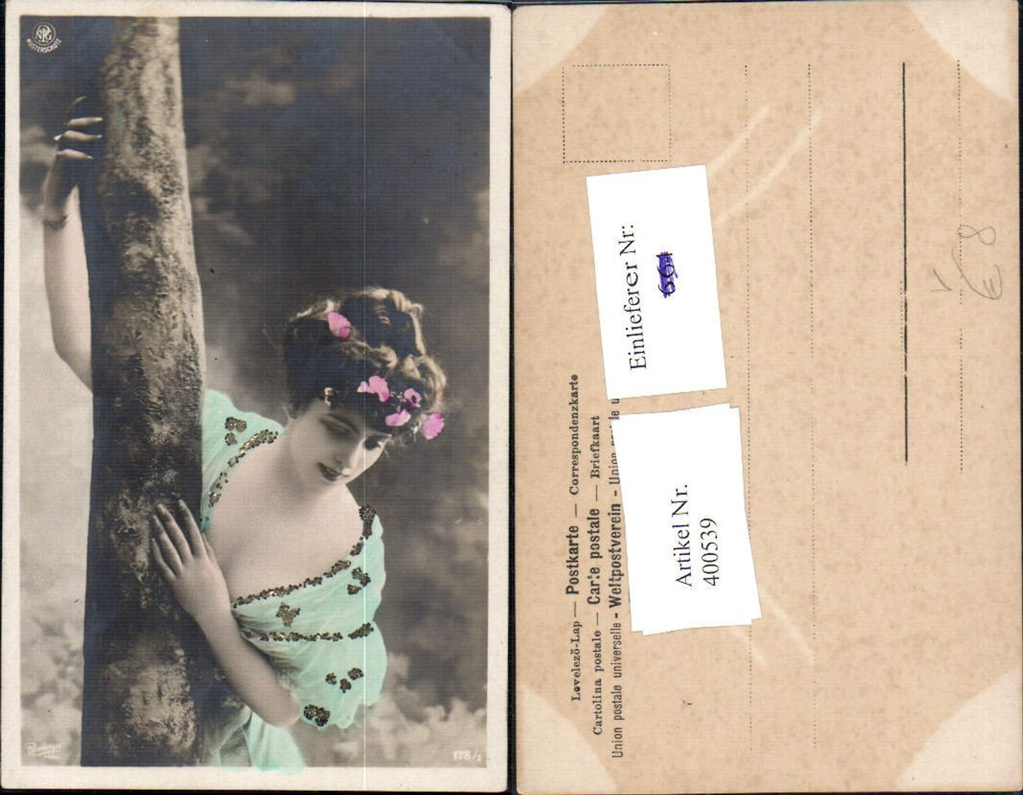 400539,Fotokunst Glitzer Ak Frau Blumen i. Haar pub Reutlinger 178/1