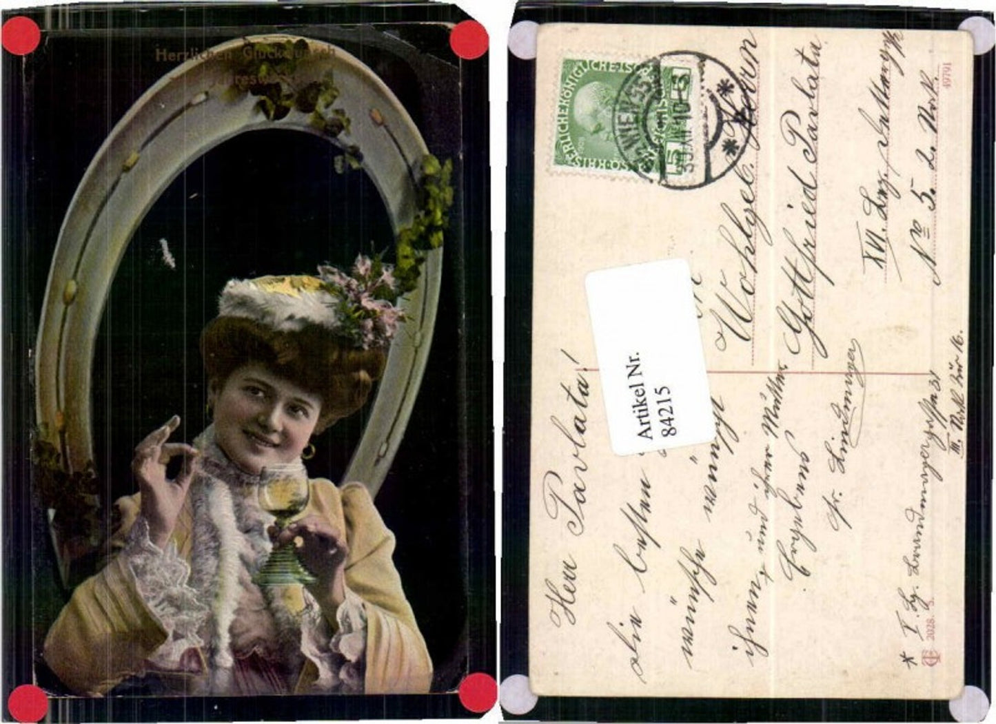 84215,Neujahr Jugendstil Frau Hufeisen Sekt Sektglas Hut