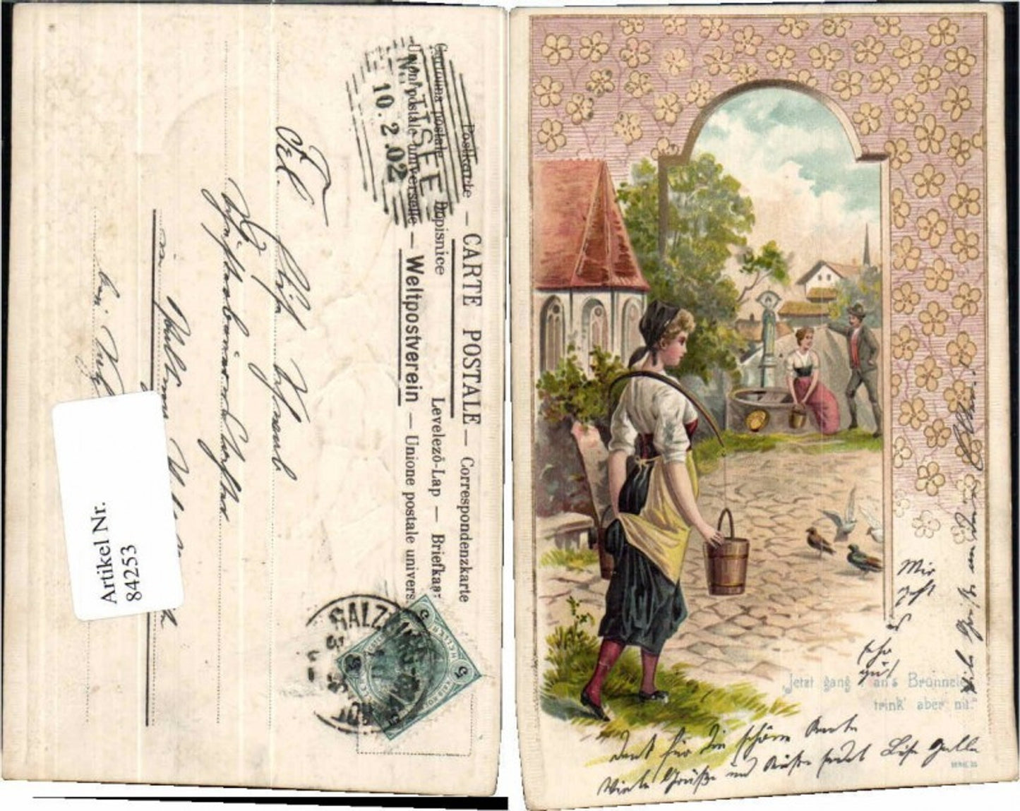 84253,Tolle Präge Litho Frau Brunnen Wasserträgerin