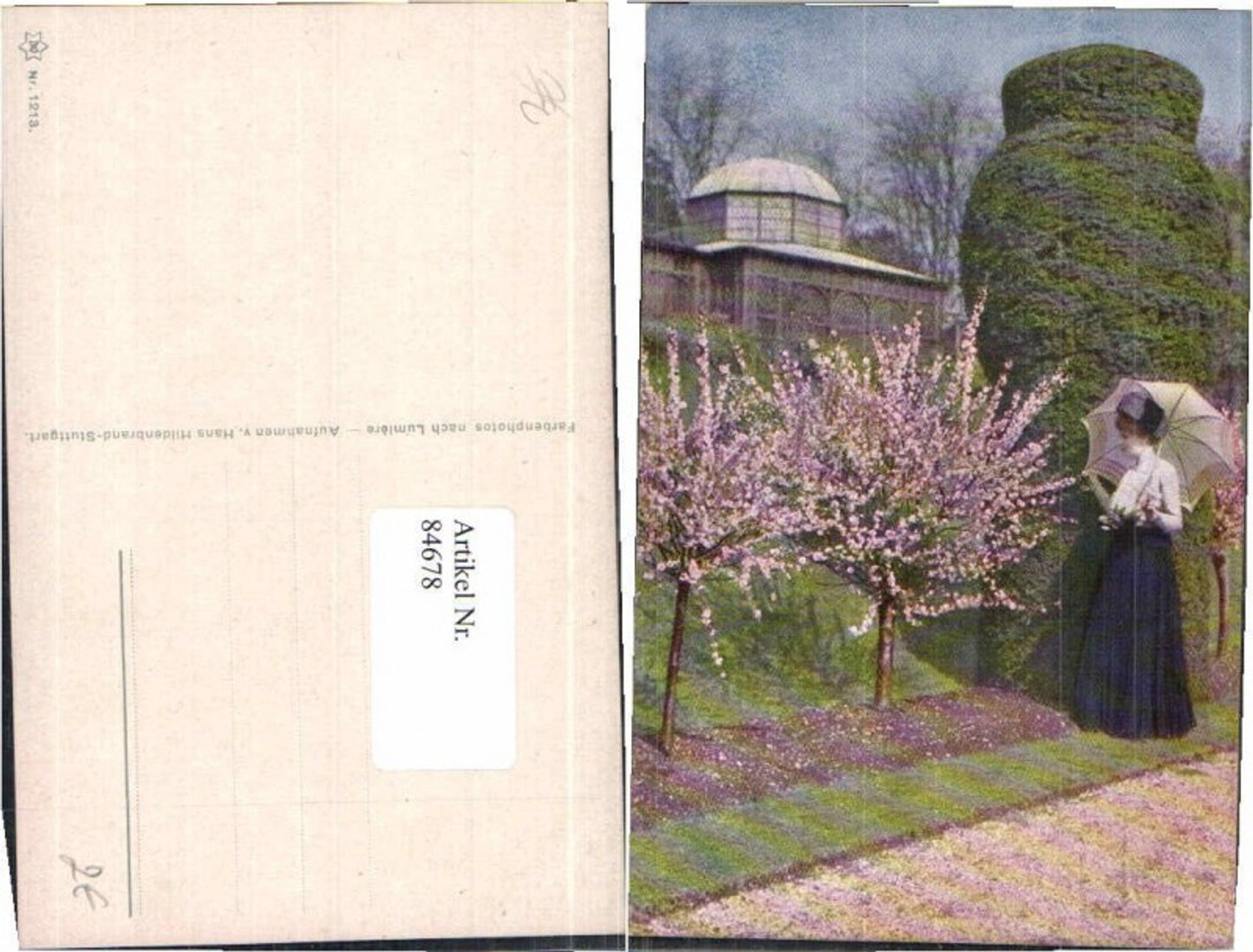 84678,Künstlerkarte Jugendstil Frau Schirm Kleid