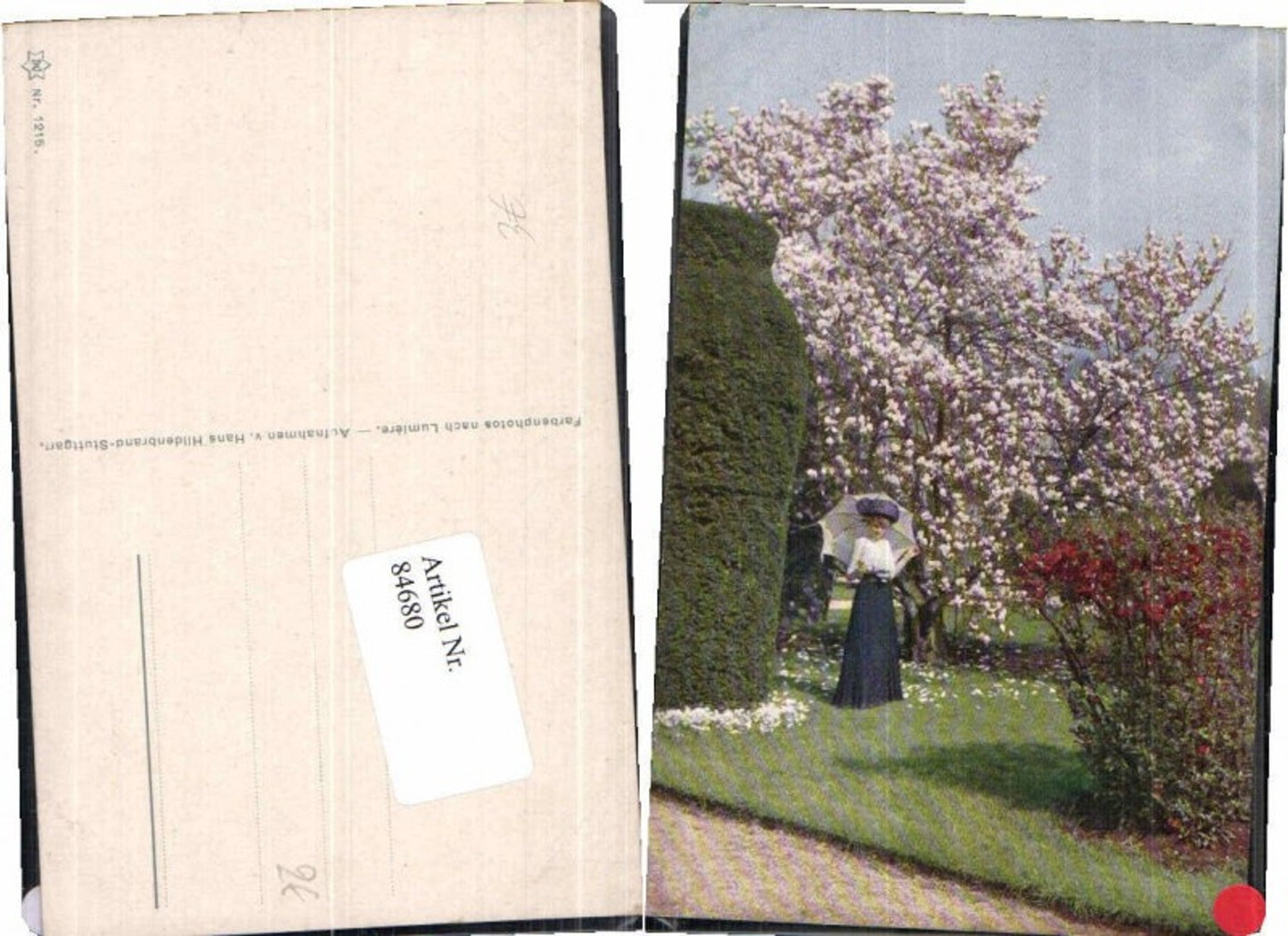 84680,Künstlerkarte Jugendstil Frau Schirm Garten