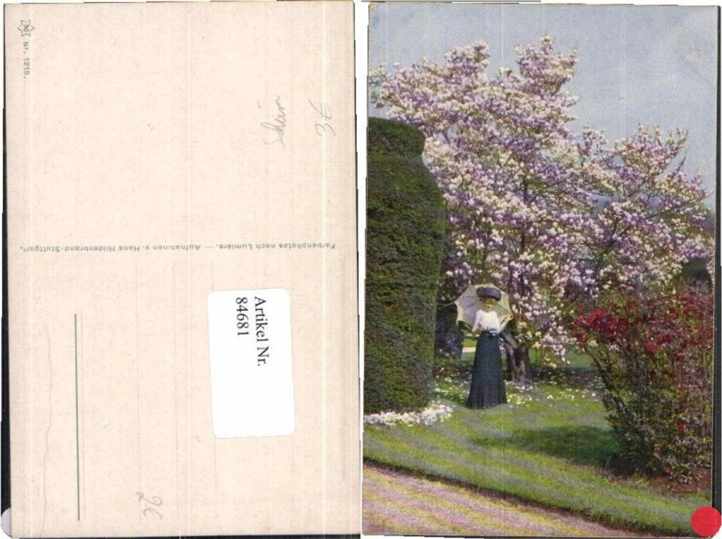 84681,Künstlerkarte Jugendstil Frau Schirm Baum