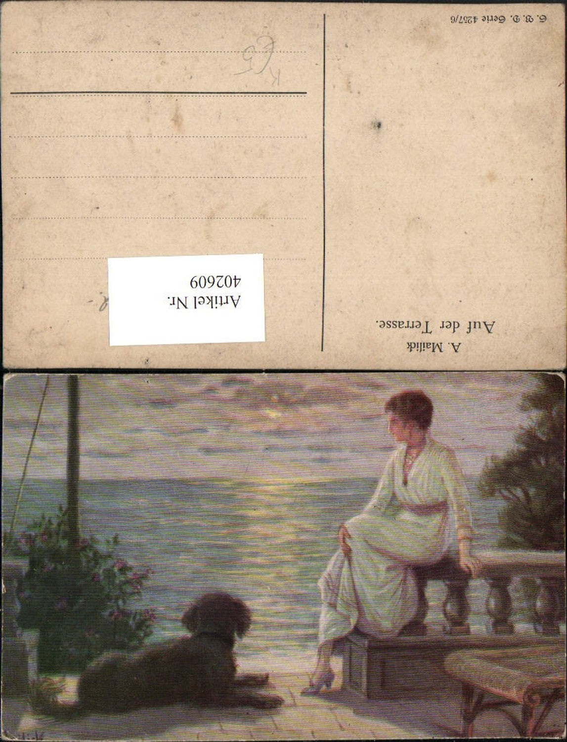 402609,Künstler AK Alfred Mailick Auf der Terrasse Frau m. Kleid Hund