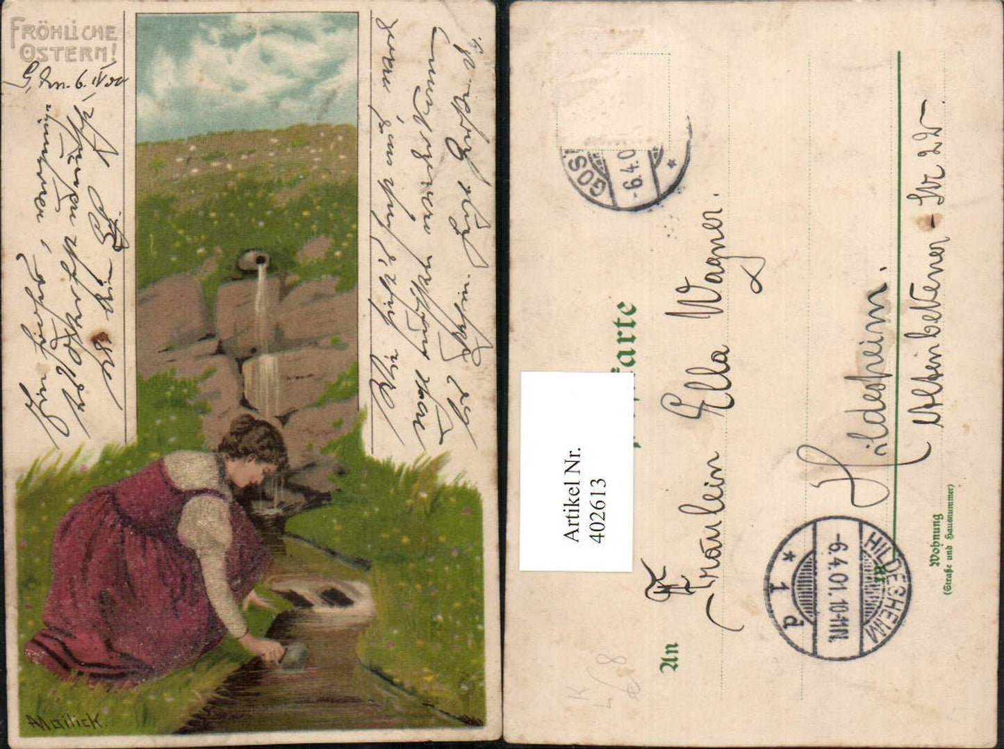 402613,Applikation Glasperlen Künstler Litho Alfred Mailick Ostern Frau m. Kleid Quelle