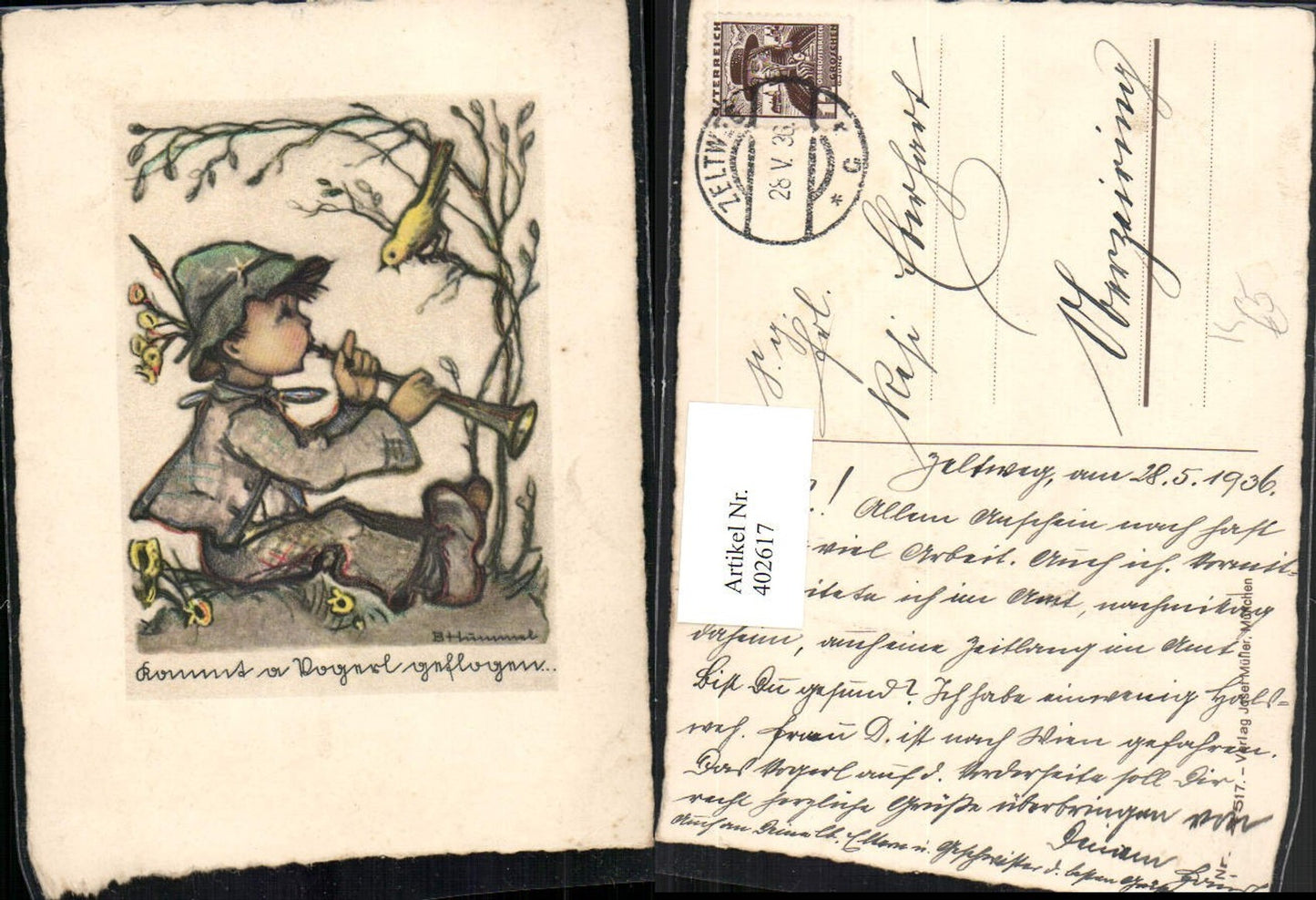 402617,Künstler AK Berta Hummel Kommt a Vogerl geflogen Junge Bub Federhut Tröte