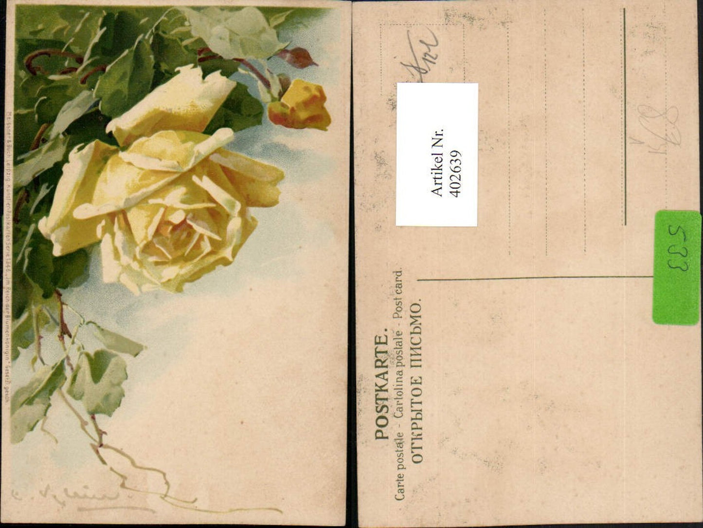 402639,Künstler AK Catharina Klein Gelbe Rose Rosenblüte Knospe pub Meissner & Buch 1346