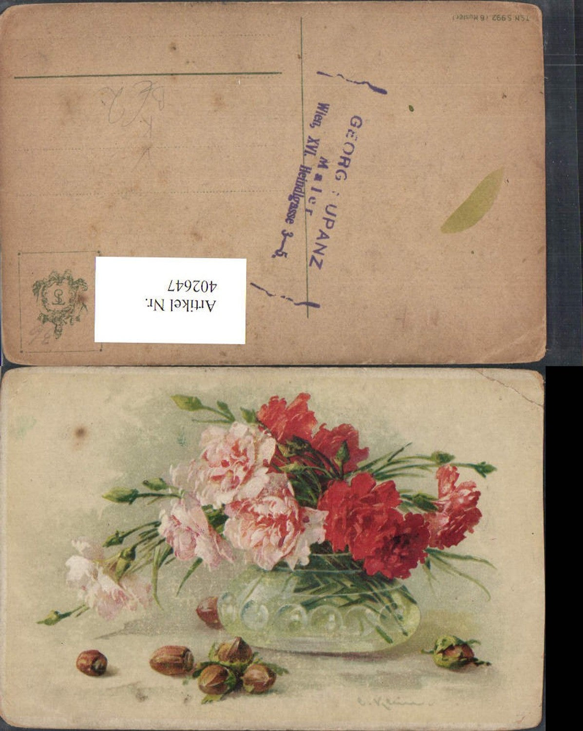 402647,Künstler AK Catharina Klein Blumen Nelken Vase Nüsse pub Theo Stroefer 992