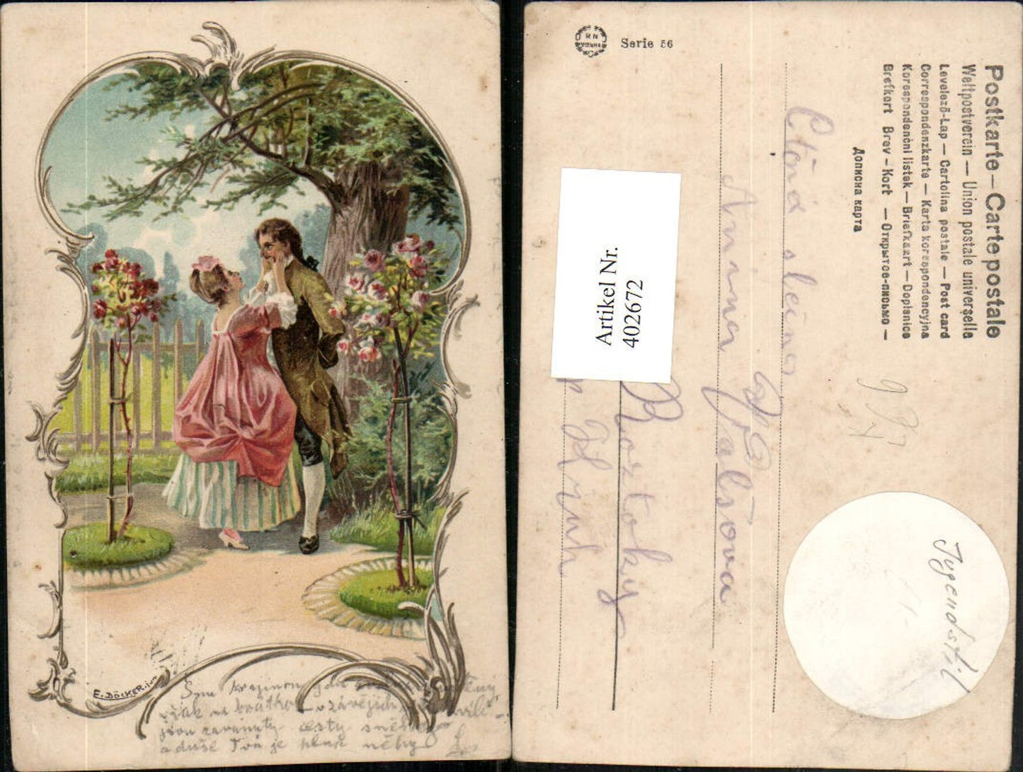 402672,Künstler Litho E. Döcker jun. Liebe Paar Rosenhochstamm