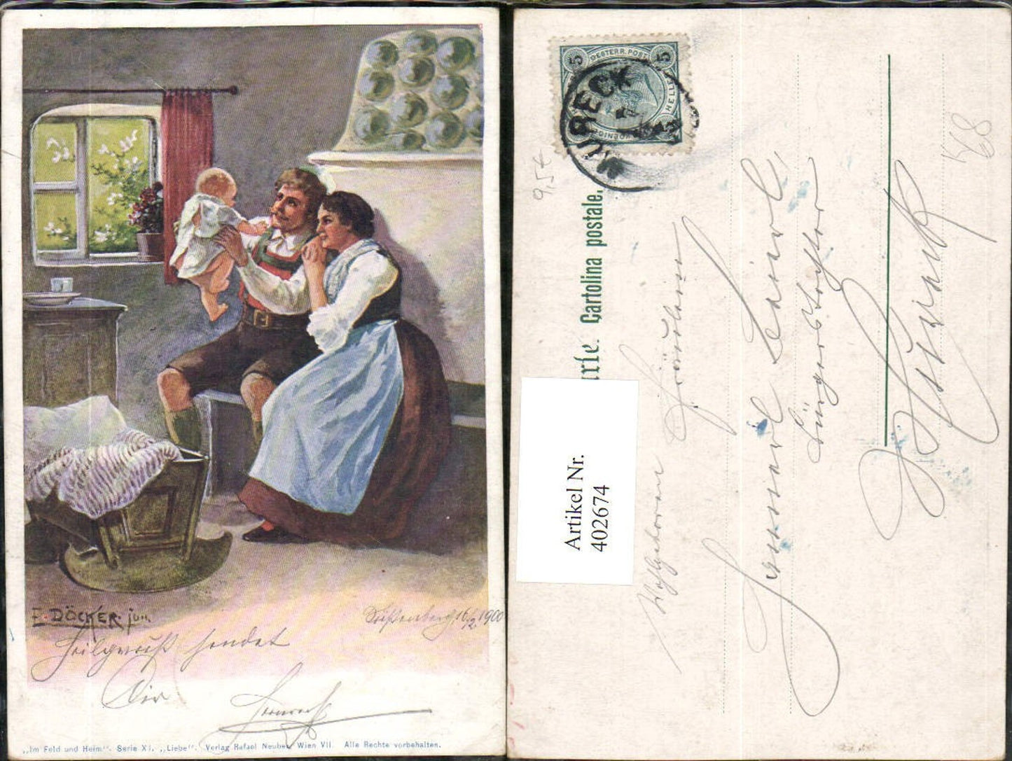 402674,Künstler AK E. Döcker jun. Familie Tracht Kind Baby Wiege