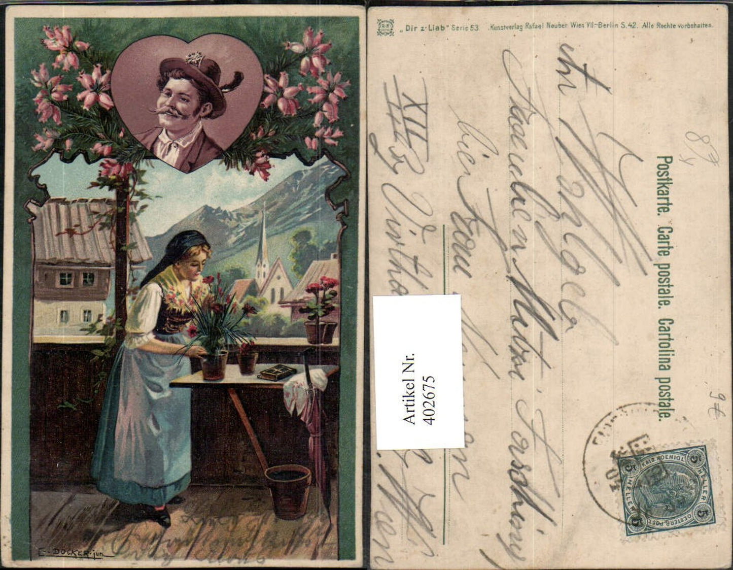 402675,Künstler AK E. Döcker jun. Frau in Tracht Blumen Mann Portrait