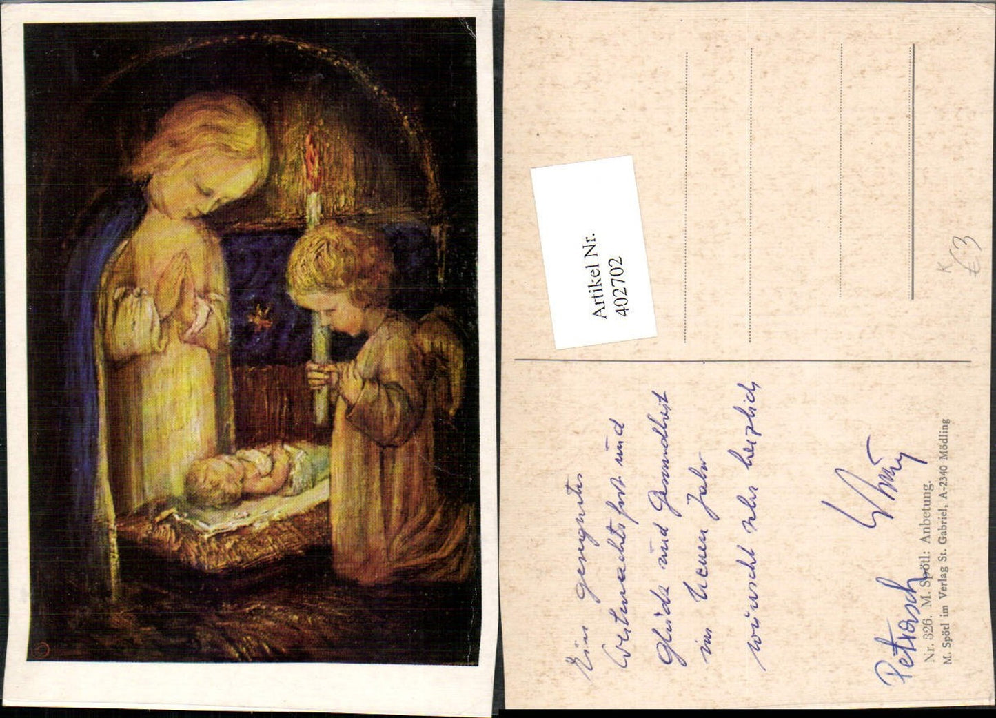 402702,Künstler AK M. Spötl 326 Anbetung Religion Jesuskind Engel Kerze