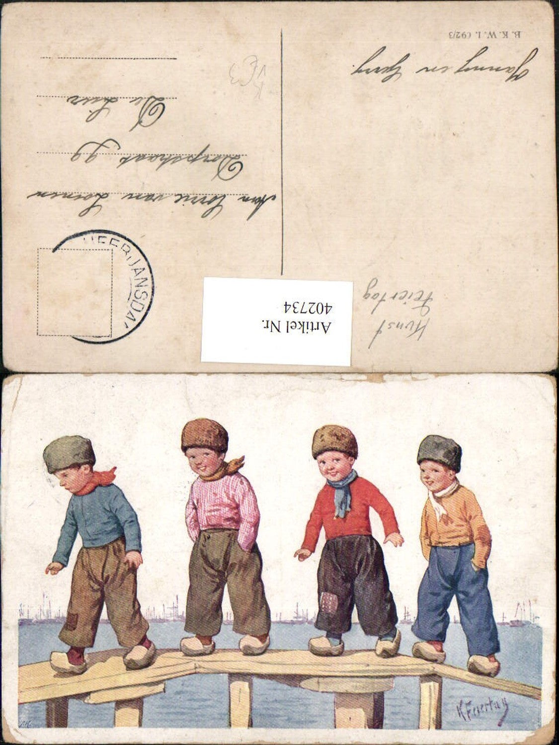 402734, Artist AK Karl Feiertag Dutch Children's Costume Boys Bridge pub BKWI 692/3