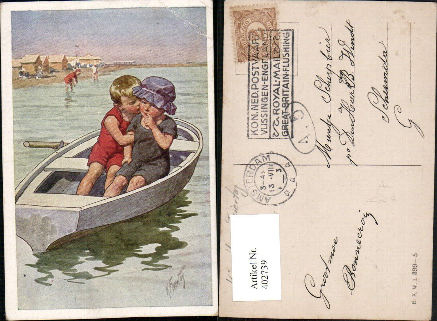 402739,Künstler AK Karl Feiertag Kinder im Ruderboot Boot Liebe Strand pub B.K.W.I. 399/5