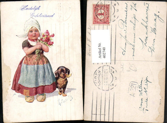 402740,Künstler AK Karl Feiertag Holländisches Mädchen Tracht Hund Dackel pub B.K.W.I. 399/4