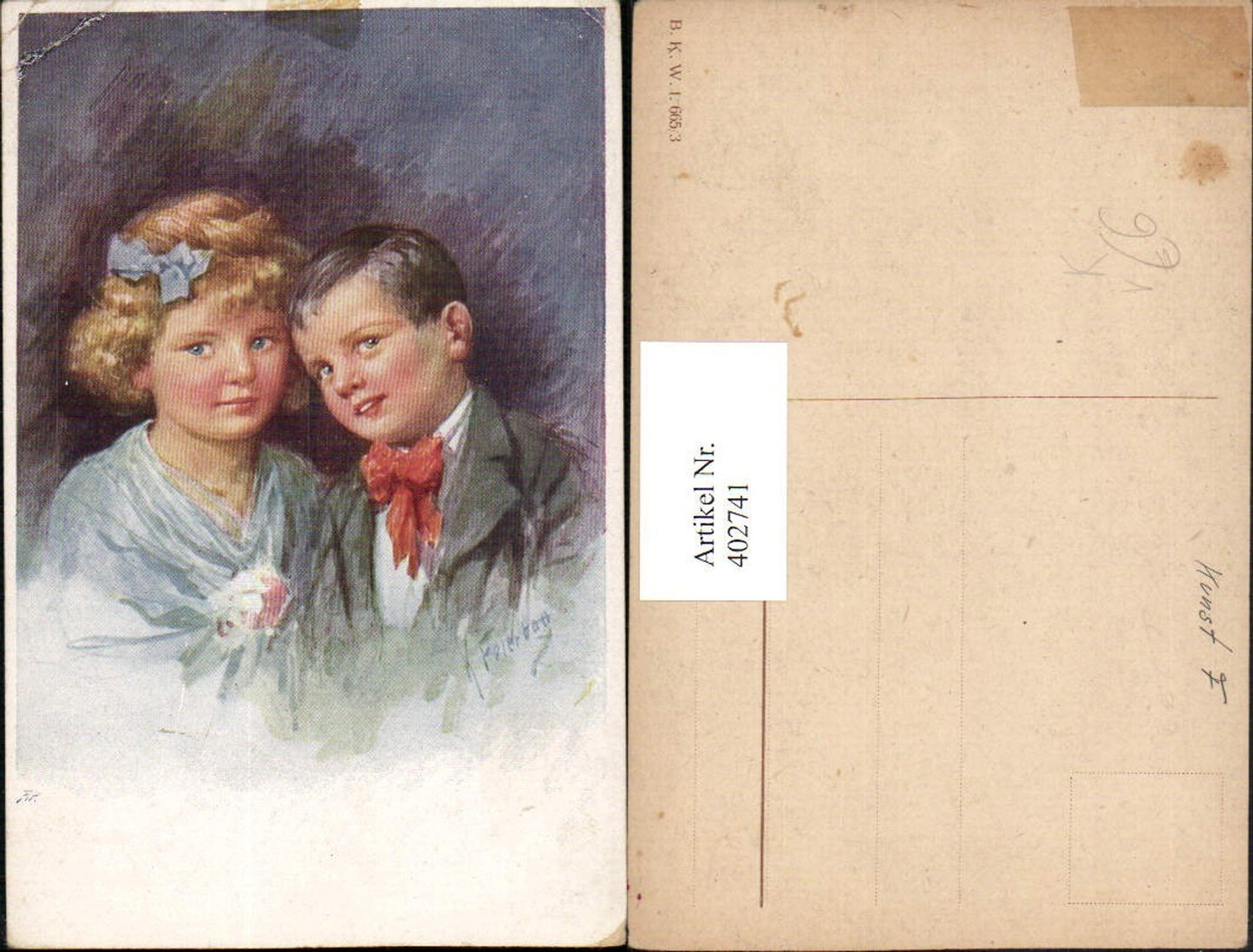 402741,Künstler AK Karl Feiertag Kinder Liebe Paar Portrait pub B.K.W.I. 665/3