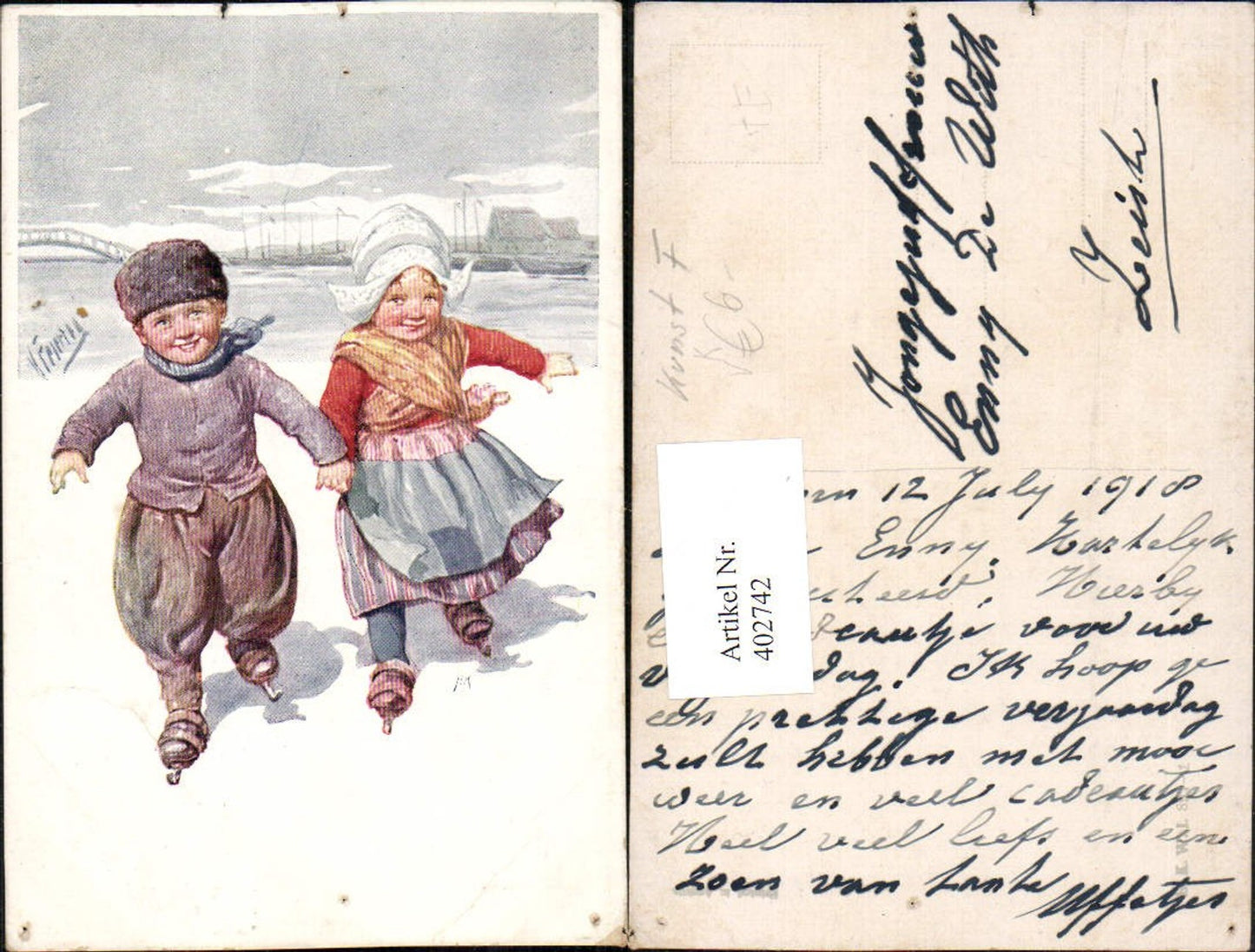 402742,Künstler AK Karl Feiertag Holländische Kinder Tracht Schlittschuhlaufen Eislaufen pub B.K.W.I.