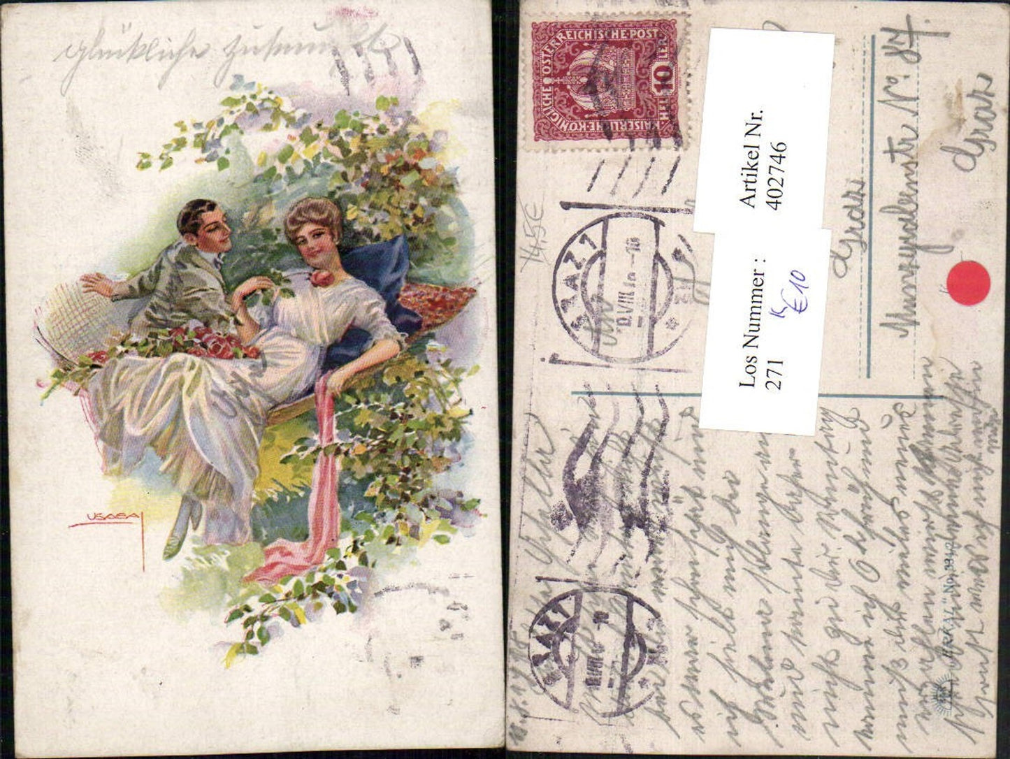 402746,Künstler AK Louis Usabal Liebe Paar Hängematte Rosen