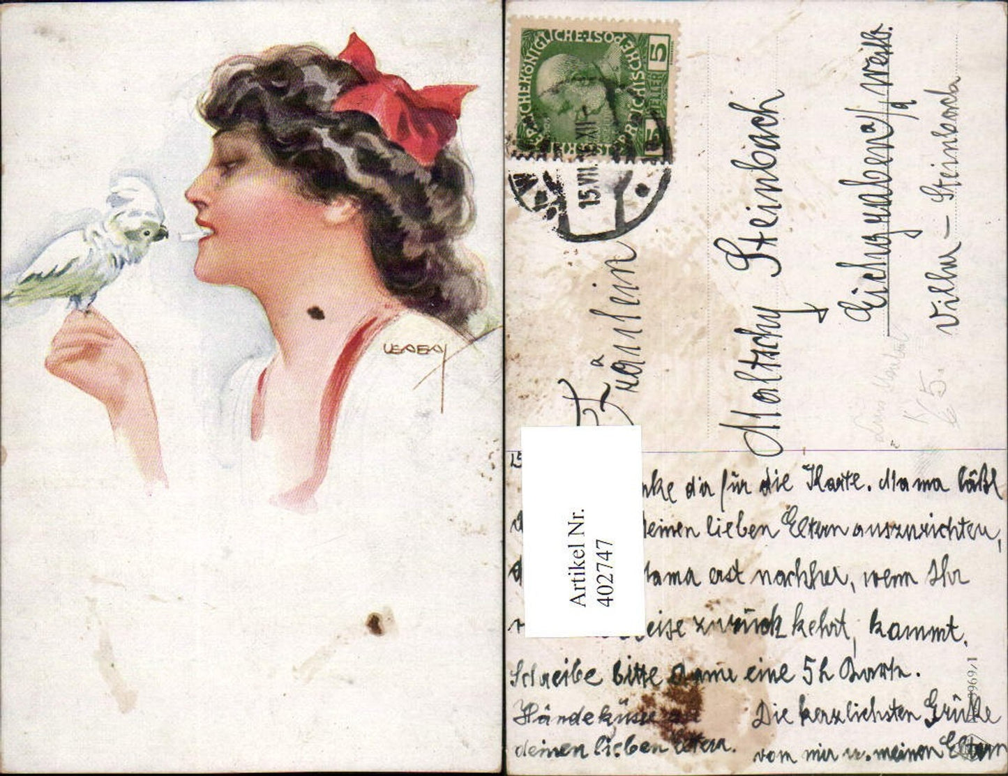 402747,Künstler AK Louis Usabal Frau m. Masche Kakadu Fütterung