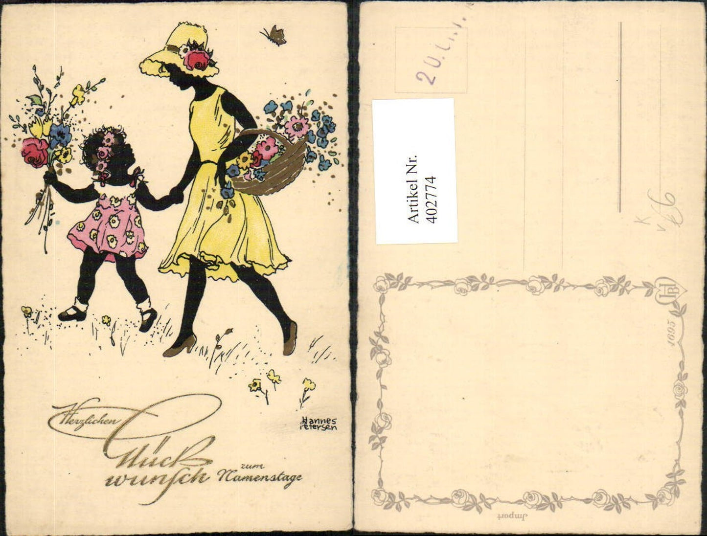402774,Künstler AK Hannes Petersen Namenstag Frau Mutter m. Kind Blumen pub HB 1695